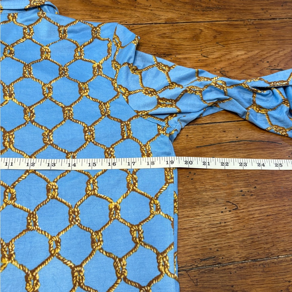 Casually Elegant Silk Soft Blue & Gold Knotted Nautical Rope Button Up Top - Picture 4 of 7